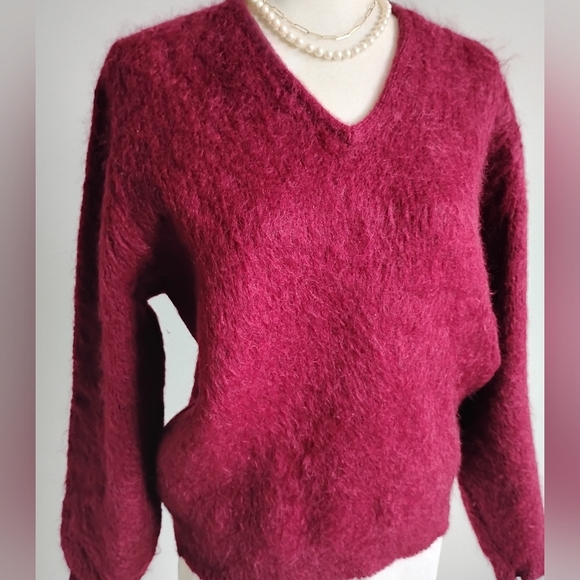 Shag-a-Mo Virgin Wool V-Neck Sweater Burgundy Curt Cobain Vintage 60s Size Med - Picture 3 of 11